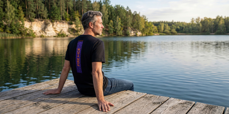 Mann mit T-Shirt aus der FIRE+ICE Kollektion sitzt auf einem Steg am See