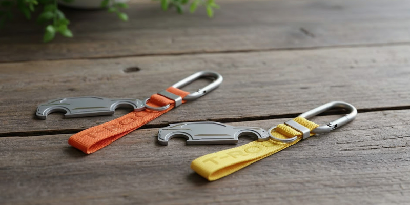 Zwei Schlüsselanhänger in Flame Red und Canary Yellow mit Karabinerhaken und Flaschenöffner in Form einer T-Roc Silhouette 