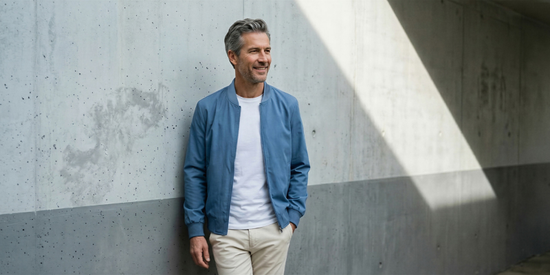 Mann mit weißem T-Shirt und blauem Blouson aus der ID. Kollektion lehnt an Wand