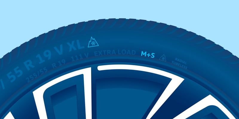 Illustration d’un pneu hiver VW avec le symbole du flocon de neige et le marquage M+S