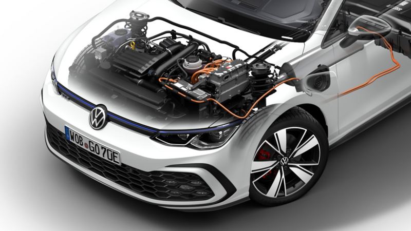 VW Golf GTE, technische Darstellung, Sicht durch die Motorhaube auf den Motor