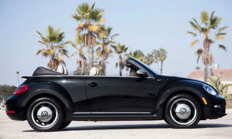 Un Volkswagen Beetle negro convertible con el techo abajo, estacionado junto a palmeras.