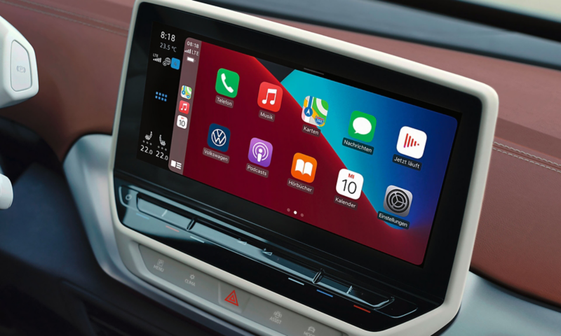 Detailed view of the VW ID.4 infotainment system with App-Connect screen.