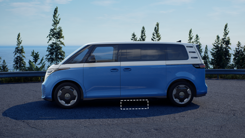 Profile image of a Cabana Blue ID. Buzz in a parking lot overlooking a view of the ocean and trees. A highlighted square below the driver rear sliding door indicates where you place your foot to open the door hands free 
