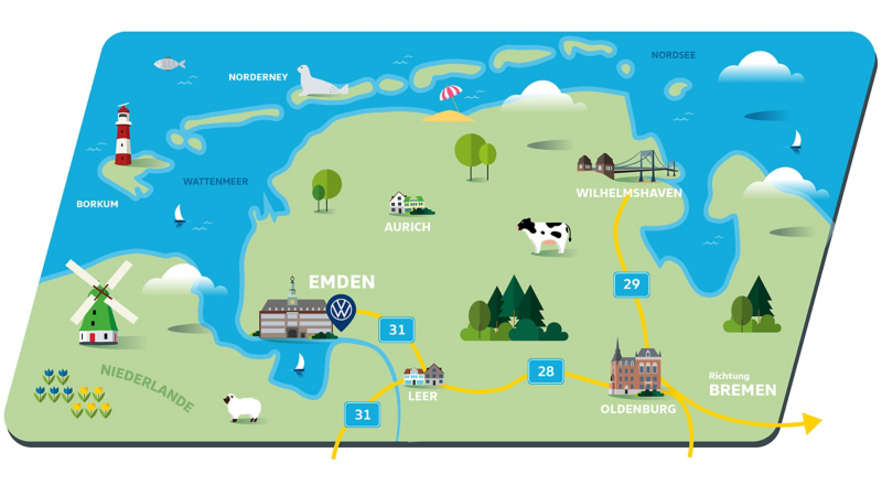 Karte der Region um Emden und das Werk von Volkswagen Nutzfahrzeuge