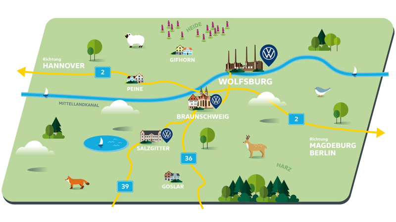 Stylized map of the region around Wolfsburg with the cities Gifhorn, Braunschweig, Salzgitter, and Peine, the Heath, the Harz, as well as the highways