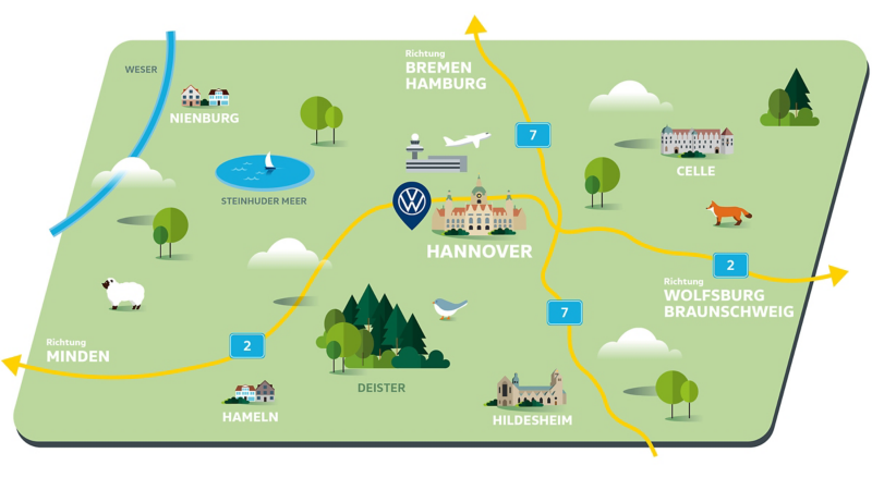 Karte mit Anfahrtswegen zum Werk von Volkswagen Nutzfahrzeuge in Hannover