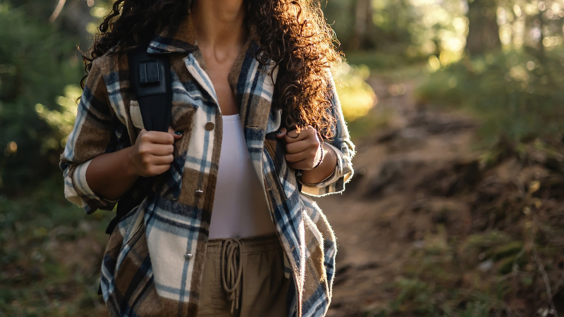 Eine Frau im multifunktionalen Look ist im grünen Wald unterwegs. Ihre Jacke ist aus Merinowolle und modisch kariert.