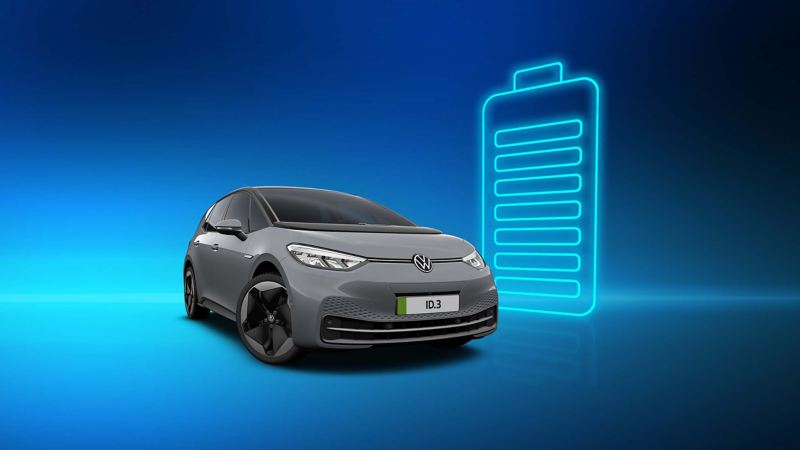 A Volkswagen ID.3 on a blue background beside a light up battery