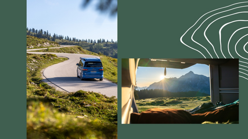 Collage de deux images : à gauche, un VW California bleu roule sur une route de montagne sinueuse. À droite, vue depuis l’intérieur du véhicule sur une montagne illuminée par le soleil couchant.