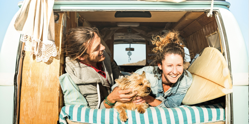 VanLife情境圖 - T型老車後廂改裝有臥鋪及收納櫃，外國情侶趴臥在床鋪上和小狗一起，床旁擺著衝浪板，開心過VanLife