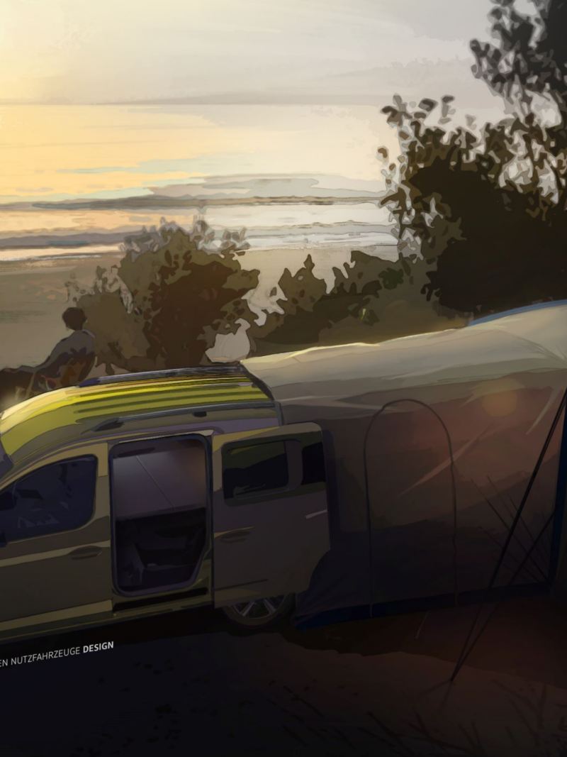 Wizualizacja nowego mini kampera Caddy z namiotem