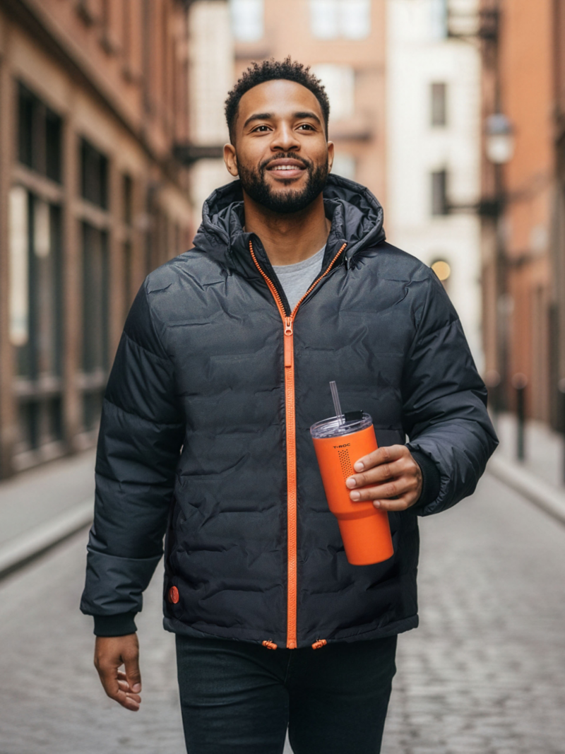 Mann mit schwarzer Pufferjacke hält roten Trinkbecher mit T-Roc Schriftzug in der Hand