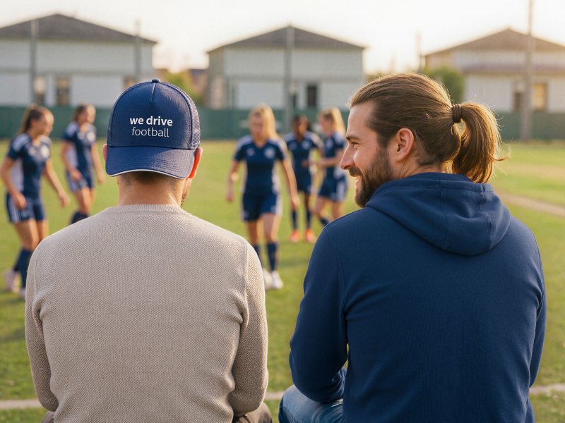 Zwei Männer sitzen nebeneinander und schauen sich Fußballspiel an, der linke trägt Cap mit „we drive football“-Schriftzug