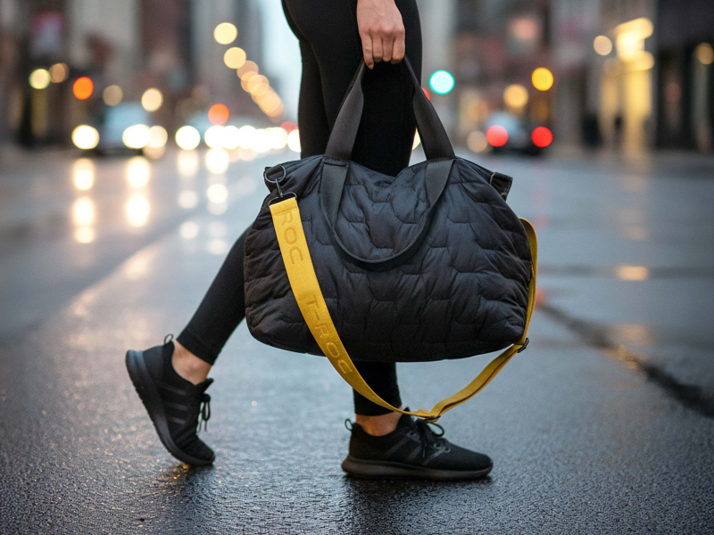 Jemand hält schwarze Pufferbag in der Hand, auf gelbem Tragegurt ist T-Roc Schriftzug zu sehen