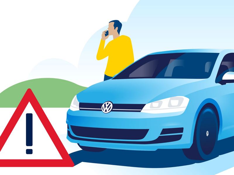 Illustration d’un client se tenant à côté de son véhicule, appelant le service d’urgence VW