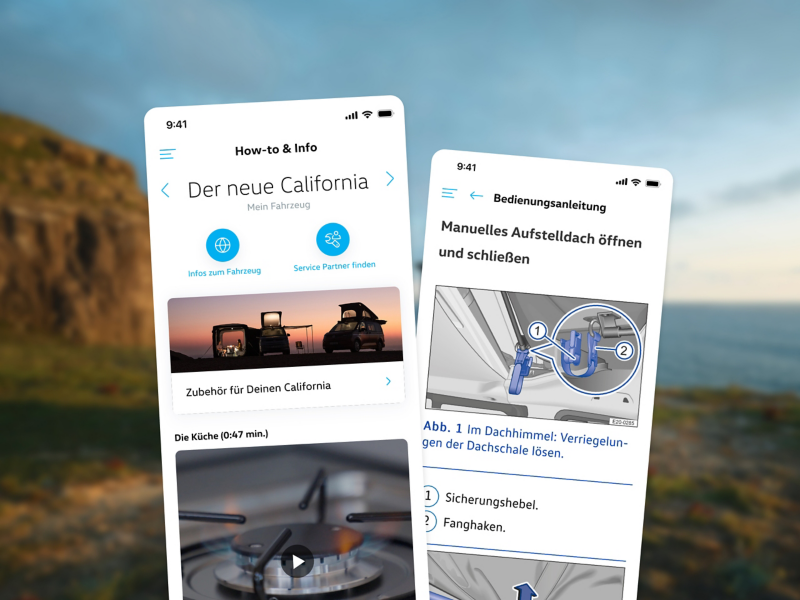 Zwei Screenshots aus der California App zum Thema „How to & Info“ vor einem Hintergrund, auf dem man unscharf eine Küstenlandschaft sieht. 