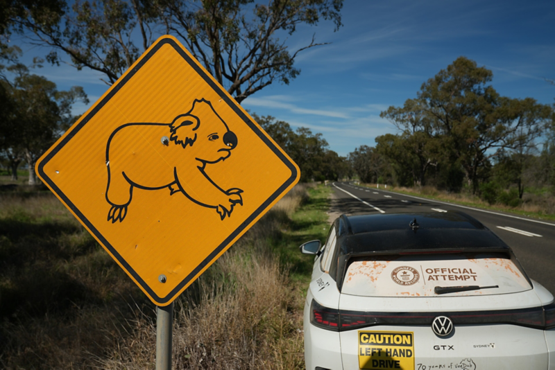 ID.4 driving past Koala sign 