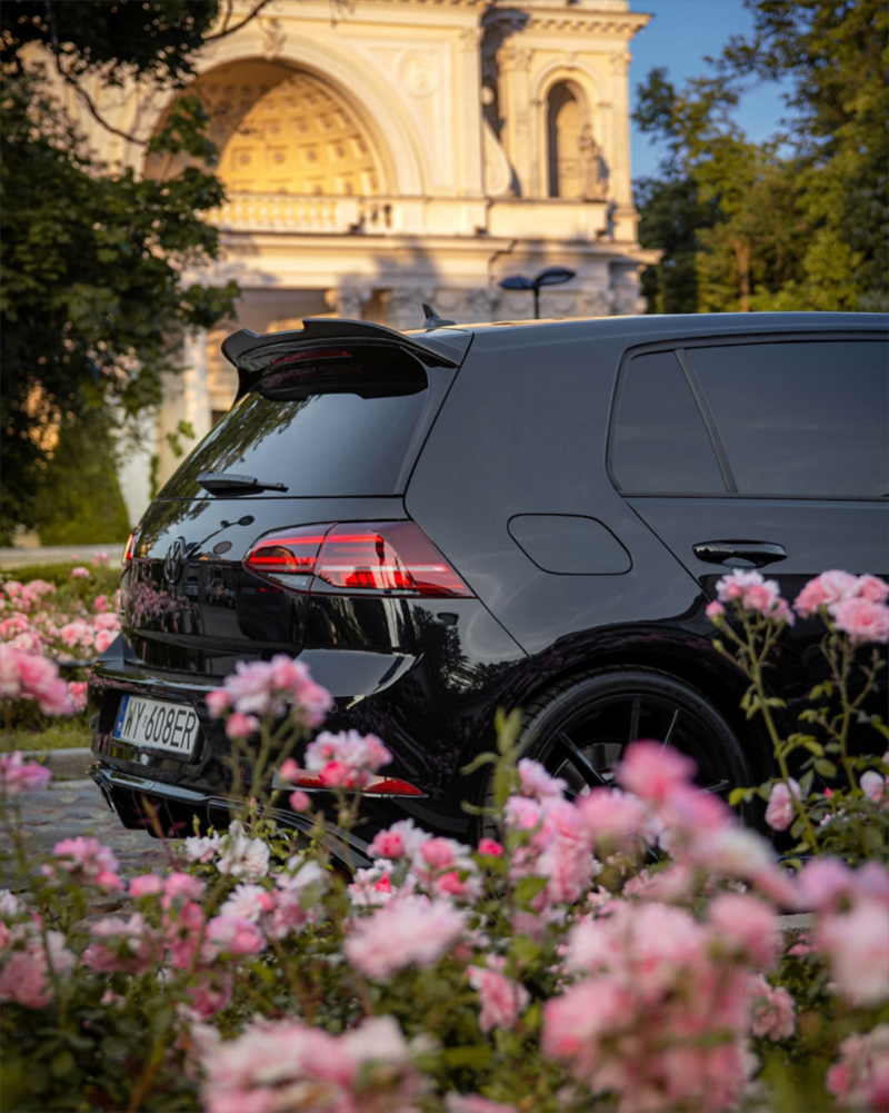 Zbliżenie na czarnego Volkswagena. Na pierwszym planie różowe kwiaty.