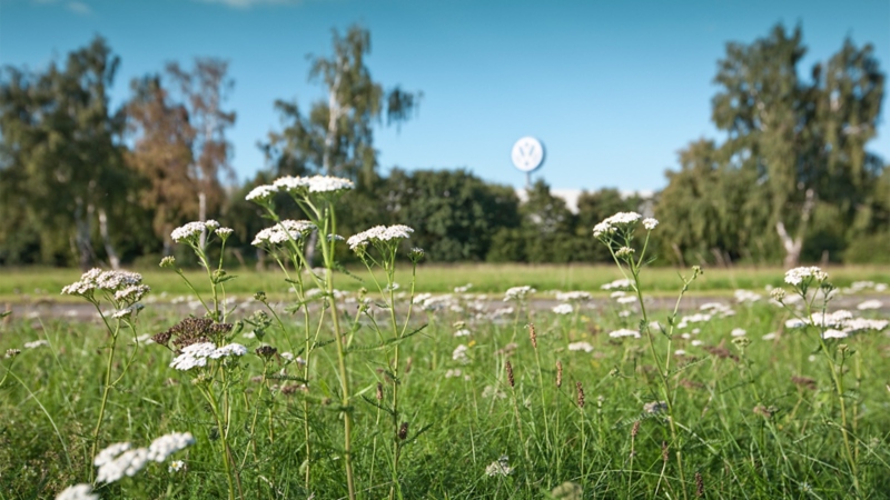 Panorama of a green landscape in front of the Volkswagen site in Salzgitter