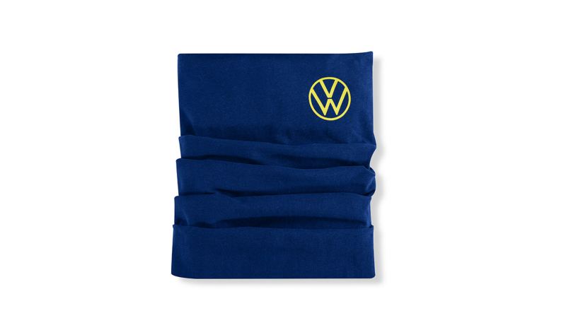 Bandana tubular en color azul con logo de Volkswagen en color amarillo.