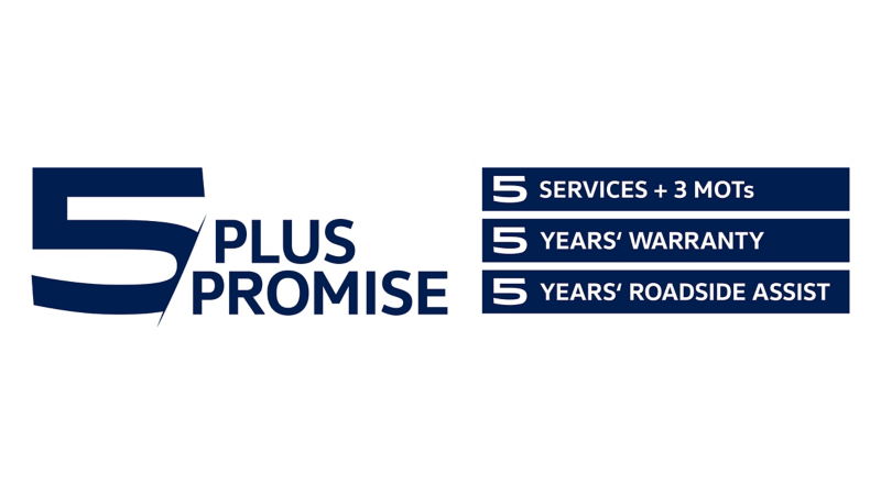 Bold blue and white logo reading '5 Plus Promise.' Lists benefits: 5 Services + 3 MOTs, 5 Years' Warranty, 5 Years' Roadside Assist.