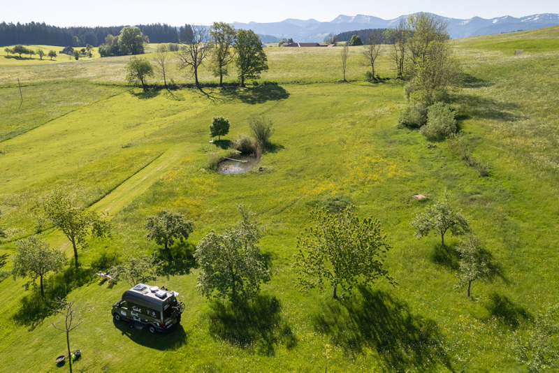 Ein VW California steht auf einer weiten sonnenbeschienenen, grünen Wiese.