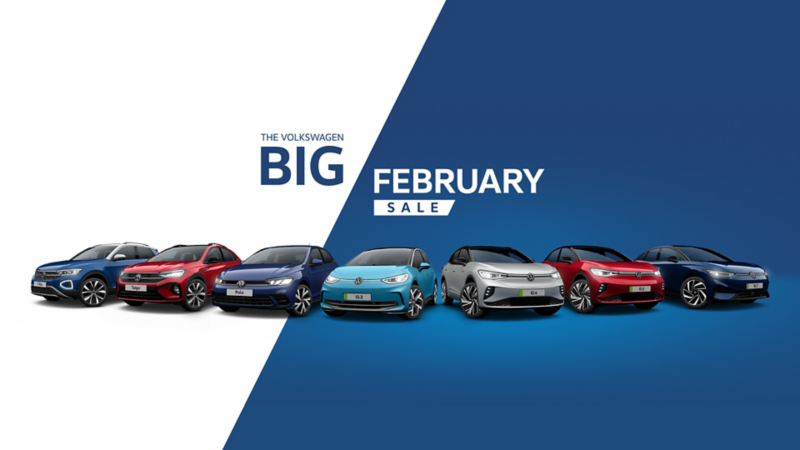 7-car line-up of VW vehicles with text that reads "The Volkswagen Big February Sale"