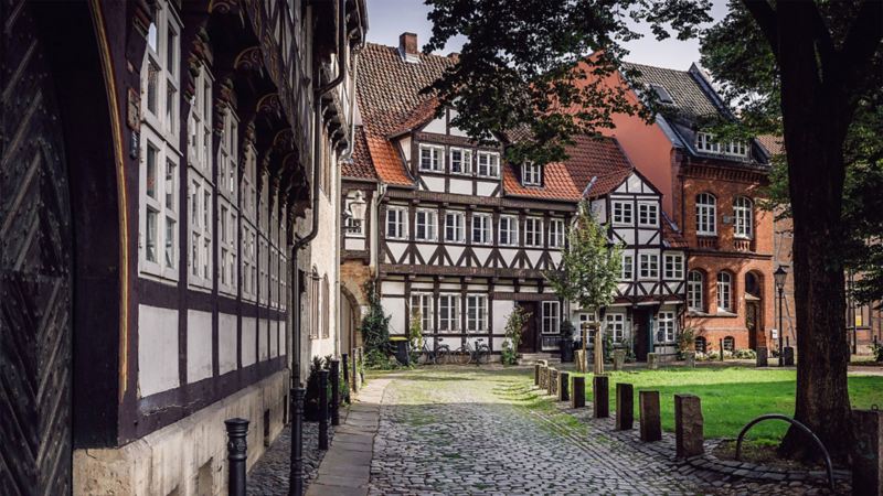 Half-timbered houses next to a park