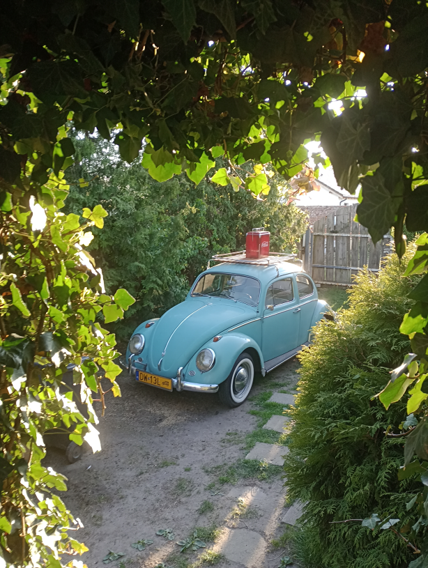 Volkswagen Beetle stoi przed domem.