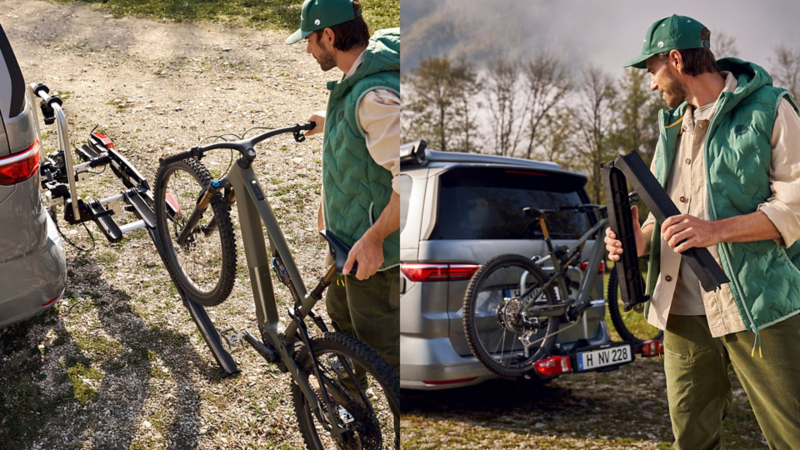 A collage of two images. Left: A man uses a loading ramp to load his bicycle. Right: The same man with the loading ramp in his hand. 
