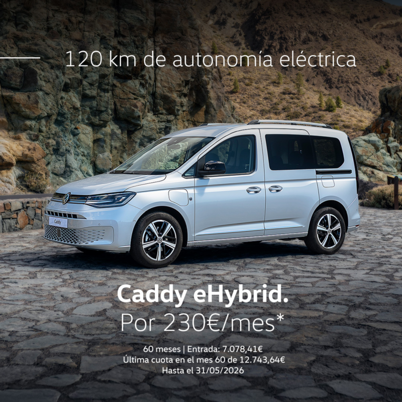 Campaña Always on Caddy eHybrid 2026. Coche gris vista lateral izquierda. Por 230€/mes. 60 meses. Entrada: 7.078,41€. Última cuota en el mes 60 de 12.743,64€. Hasta el 31/05/2026€