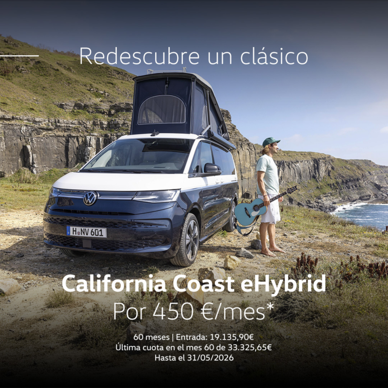 Campaña Always OnCalifornia Coast eHybrid 2026. Coche blanco y azul vista delantera izquierda. Por 450€/mes. Entrada: 19.135,90€. 60 meses. Última cuota en el mes 60 de 33.325,65€. Hasta el 31/05/2026.