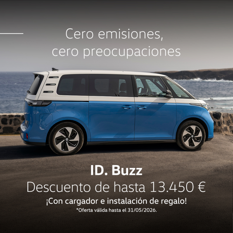 Campaña Always on ID BUZZ 2026. Coche blanco y azul vista lateral derecha. Descuento de hasta 13.450€ con cargador e instalación de regalo. Oferta válida hasta el 31/05/2026