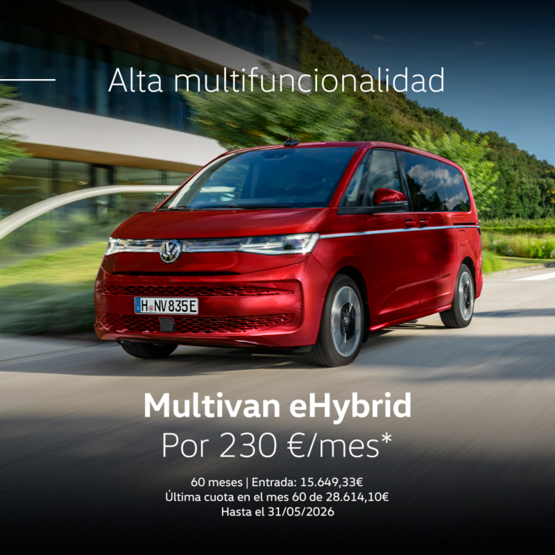 Campaña Always on Multivan eHybrid 2026. Coche rojo vista frontal derecha. Por 230€/mes. 60 meses. Entrada: 15.649,33€. Última cuota en el mes 60 de 28.614,10€. Hasta el 31/05/2026.