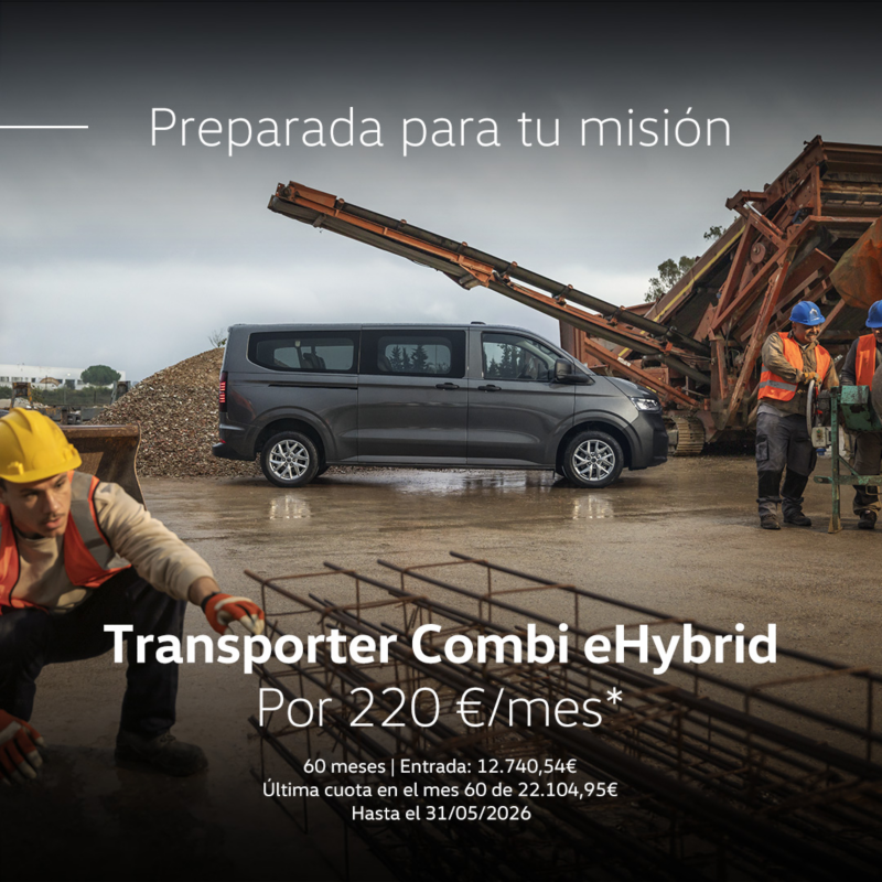 Campaña Always on Transporter Combi eHybrid 2026. Coche gris oscuro vista lateral derecha. Por 220€/mes. 60 meses. Entrada: 12.740,54€. Última cuota en el mes 60 de 22.104,95€. Hasta el 31/05/2026.
