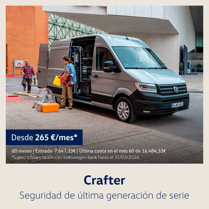 Campaña Always on Crafter 2026. Coche gris vista lateral derecha. Desde 265€/mes. 60 meses. Entrada: 7.647,33€. Última cuota en el mes 60 de 16.484,33€. Oferta válida hasta el 31/03/2026.
