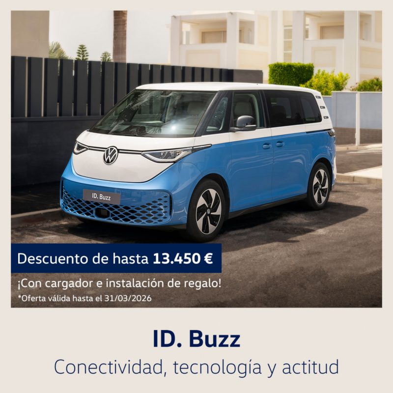 Campaña Always on ID BUZZ 2026. Coche blanco y azul vista frontal derecha. Descuento de hasta 13.450€ oferta válida hasta el 31/03/2026