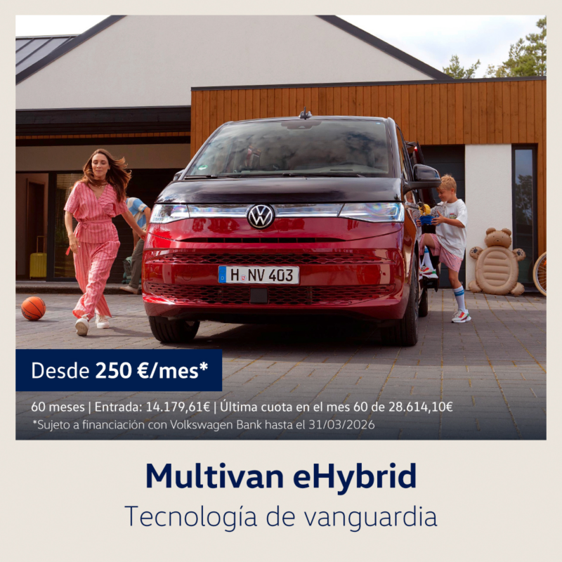 Campaña Always on Multivan eHybrid 2026. Coche rojo y negro vista frontal. Desde 250€/mes. 60 meses. Entrada: 14.179,61€. Última cuota en el mes 60 de 28.614,10€