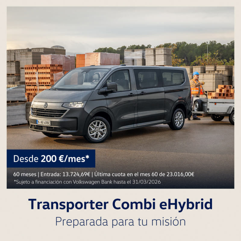 Campaña Always on Transporter Combi eHybrid 2026. Coche gris oscuro vista lateral izquierda. Desde 200€/mes. 60 meses. Entrada: 15.624,32€. Última cuota en el mes 60 de23.016€