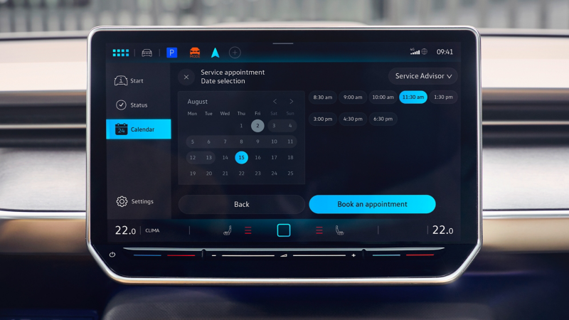 Nahaufnahme von VW Infotainment-System im Fahrzeug mit Online-Terminvereinbarung