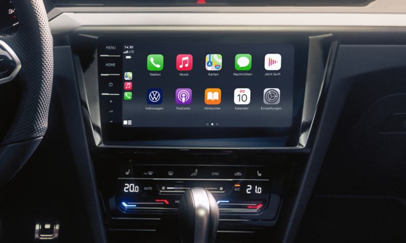 VW Arteon mit App-Connect Auswahl auf einem Farbbildschirm: Telefon, Musik, Karten, Nachrichten und viele mehr.