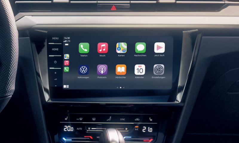 VW Arteon Shooting Brake mit App-Connect Auswahl auf einem Farbbildschirm: Telefon, Musik, Karten, Nachrichten und viele mehr.