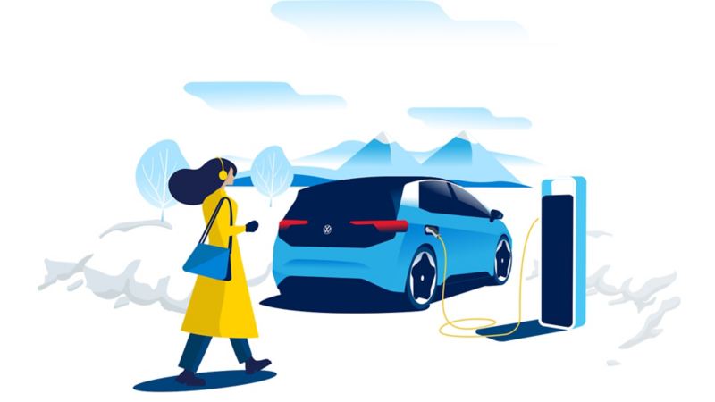 Illustration: Eine Frau nähert sich bei Kälte einem VW ID.3 an einer Ladestation.