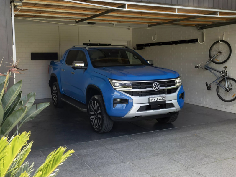 Blue Amarok Aventura parked in family garage