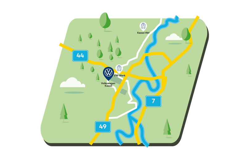 Map showing the area around the Volkswagen site in Kassel