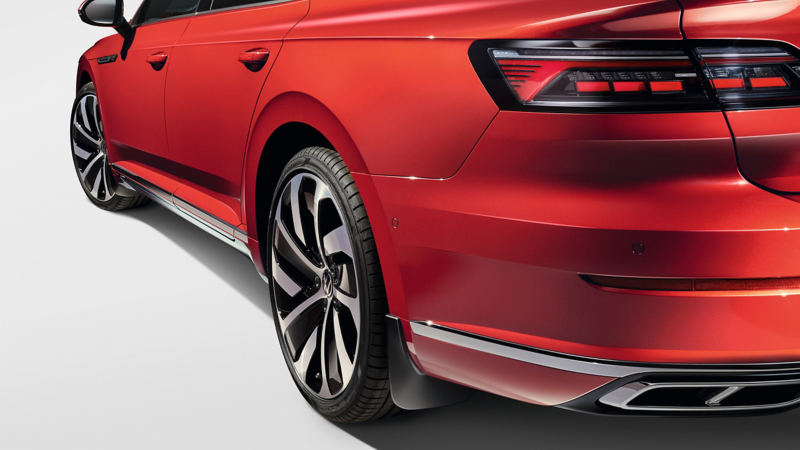 VW Accessories mud flap on a blue VW Arteon SB model