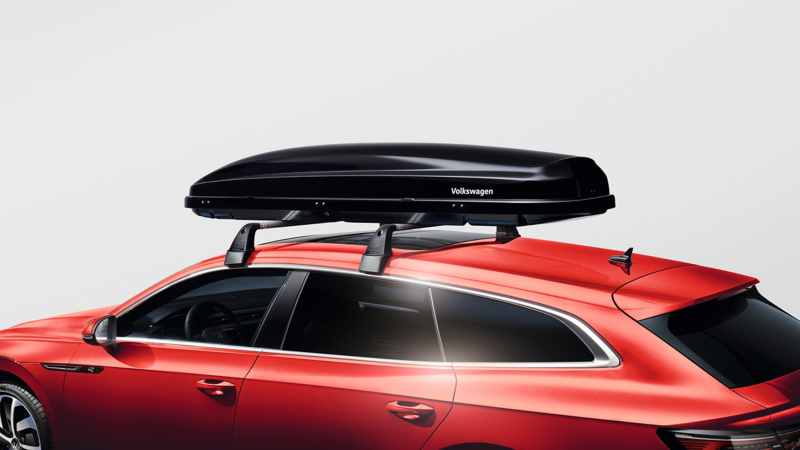 Roof box by VW Accessories on a blue VW Arteon SB model