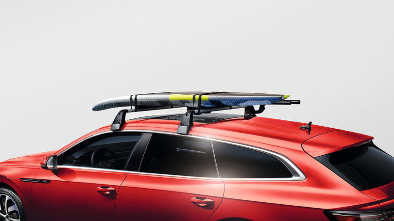 Surfboard arrier by VW Accessories on a blue VW Arteon SB model