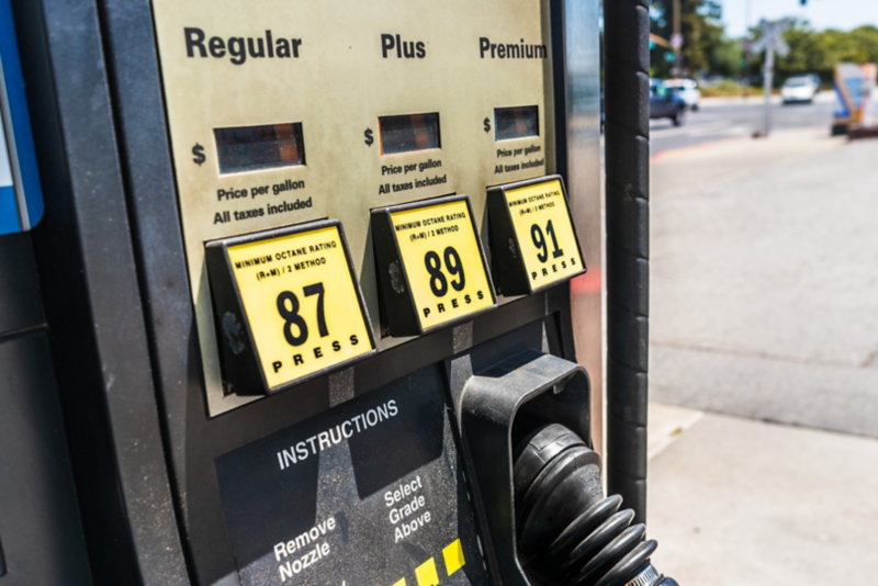 Image of a gas pump with 3 square buttons that show 87, 89 and 91 octane for gasoline-powered vehicles